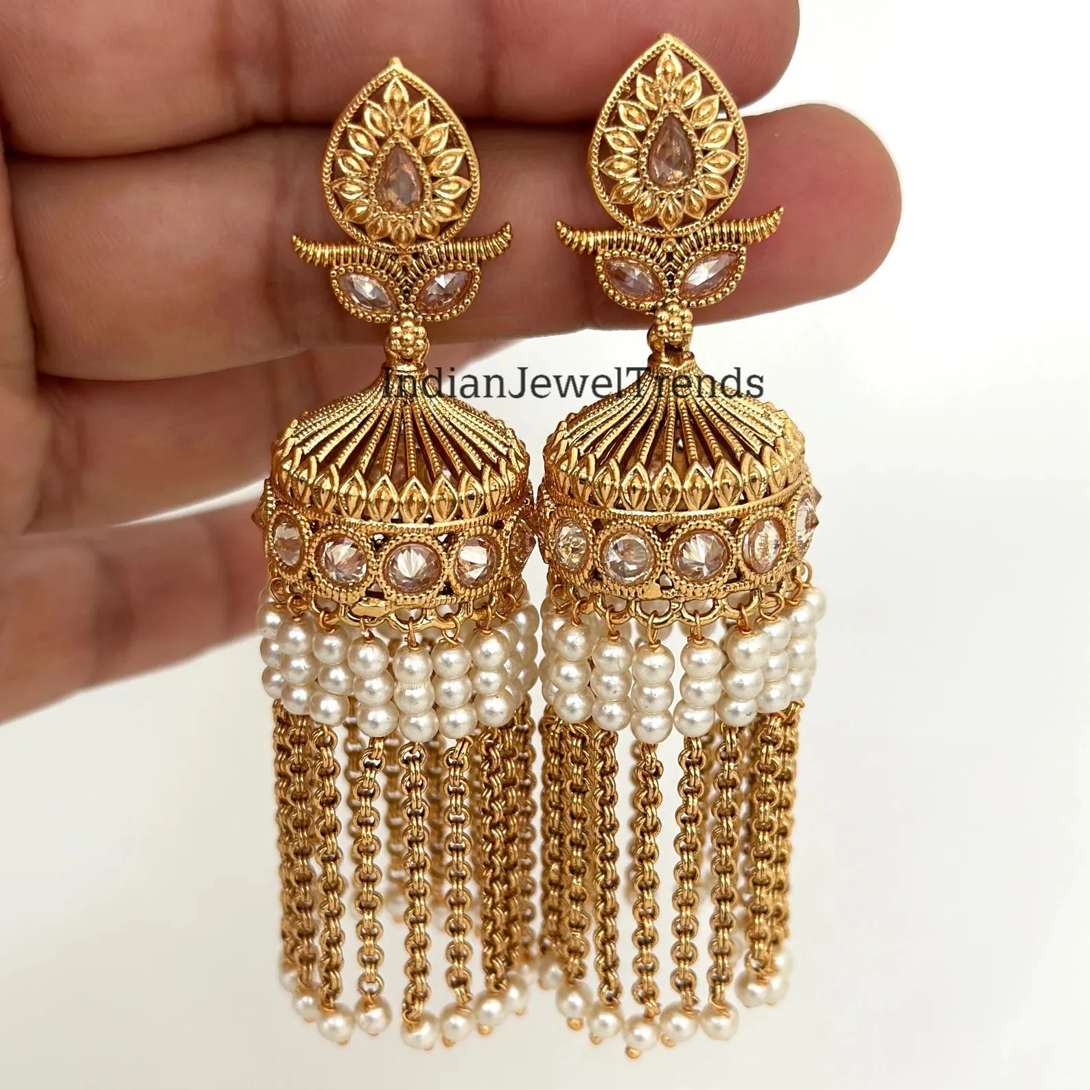 Long Gold Plated Polki Jhumka