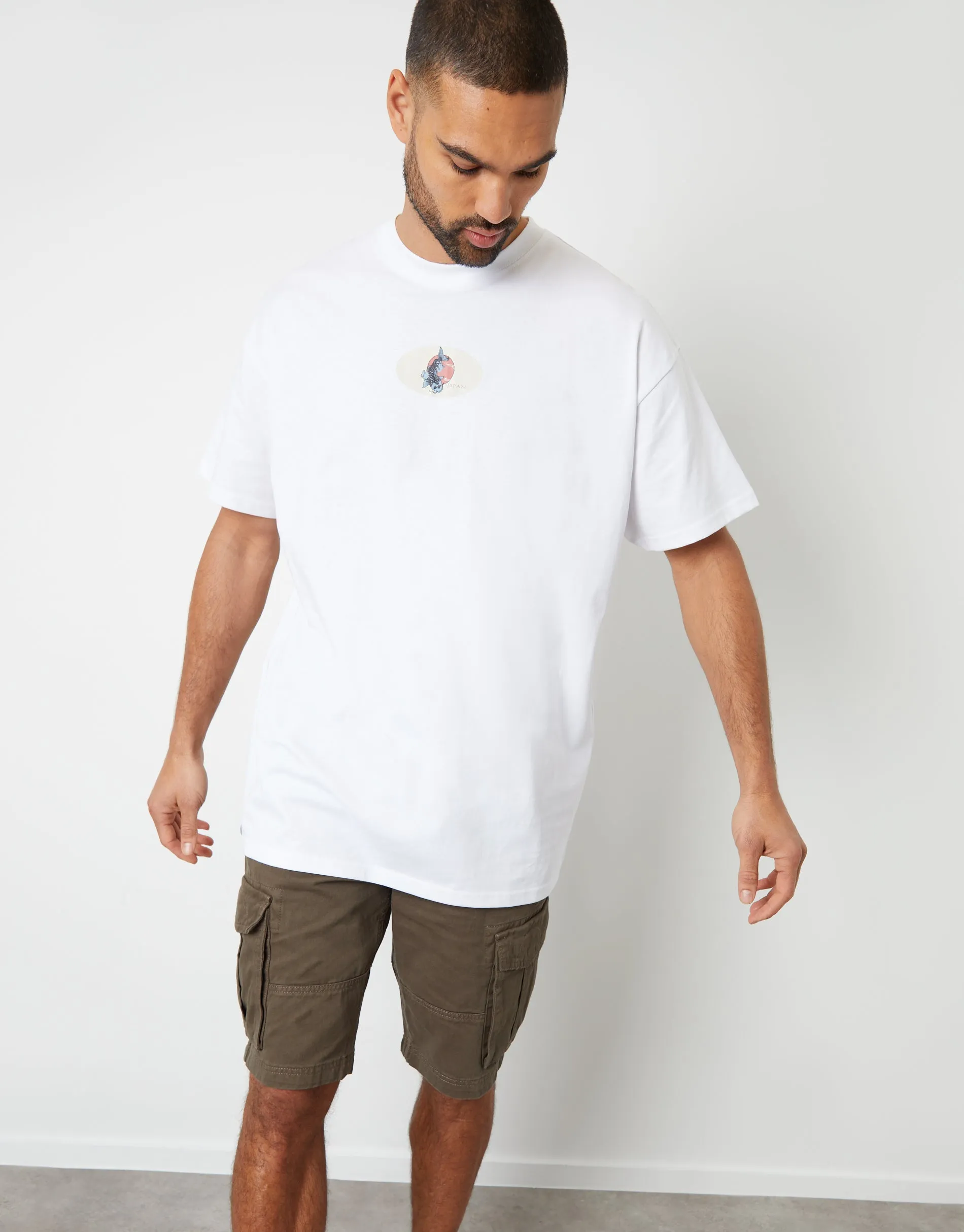 Men's White Koi Fish Graphic Print Oversized T-Shirt
