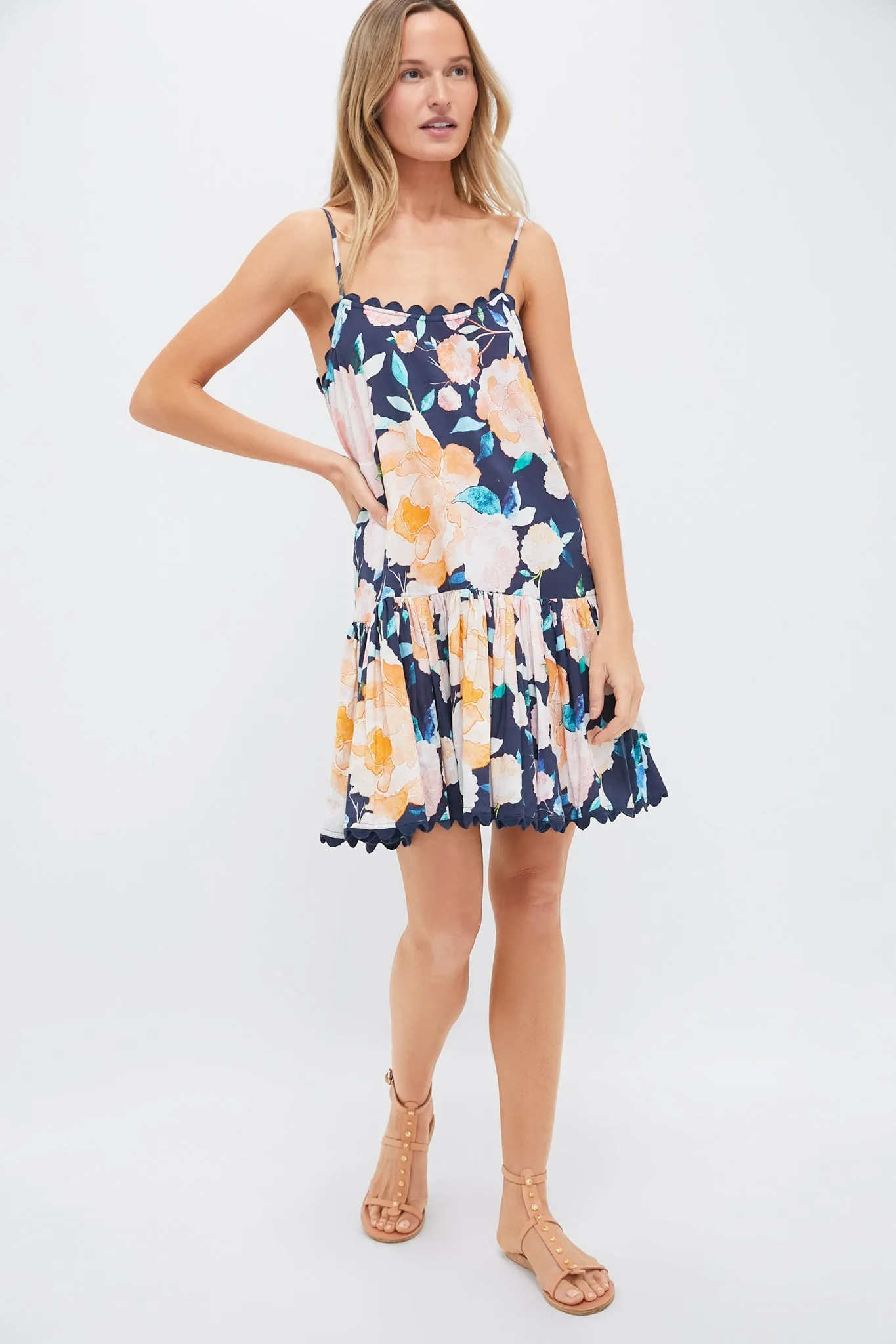 Midnight and Multi Cami Dress in Peony Print with Ric Rac Trim