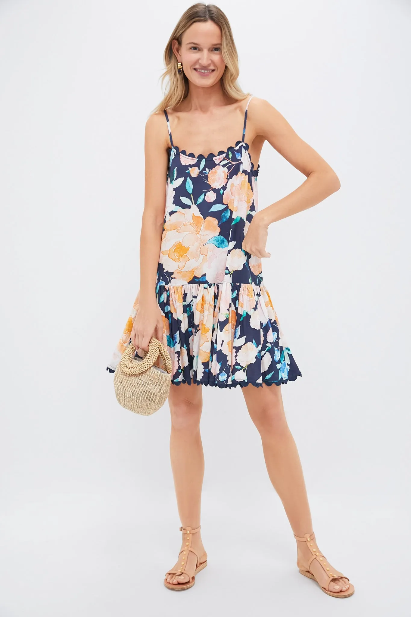 Midnight and Multi Cami Dress in Peony Print with Ric Rac Trim