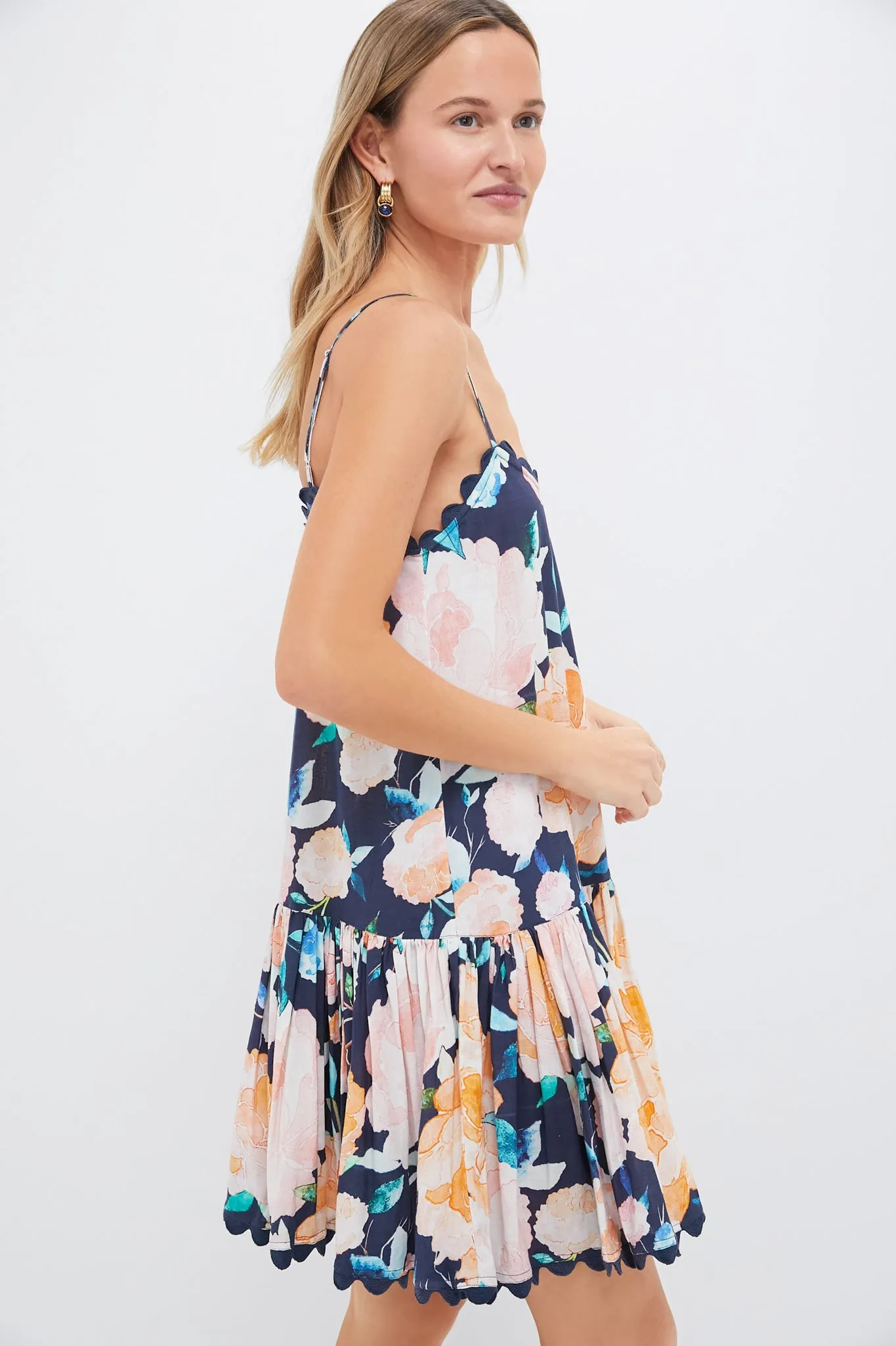 Midnight and Multi Cami Dress in Peony Print with Ric Rac Trim