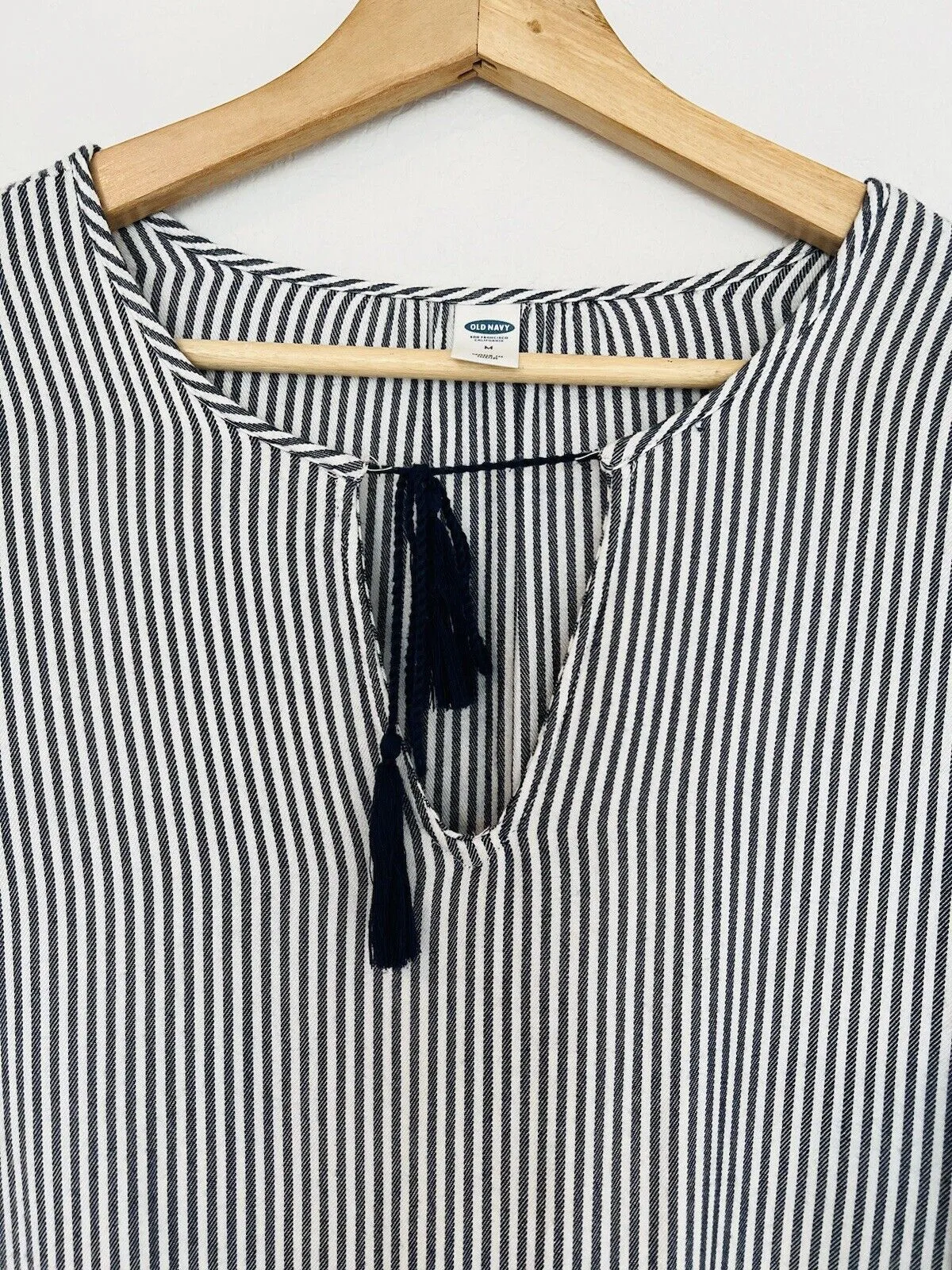 OLD NAVY Blue/White Stripe Dress Sz M Long Balloon Sleeves Shift Tassel Boho