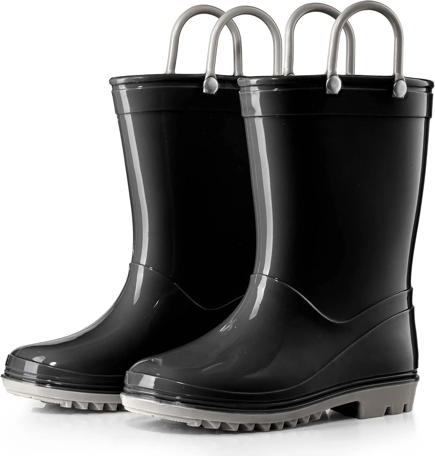 Puddle Play Toddler and Kids Rain Boots with Easy On Handles - Boys and Girls Black and Grey