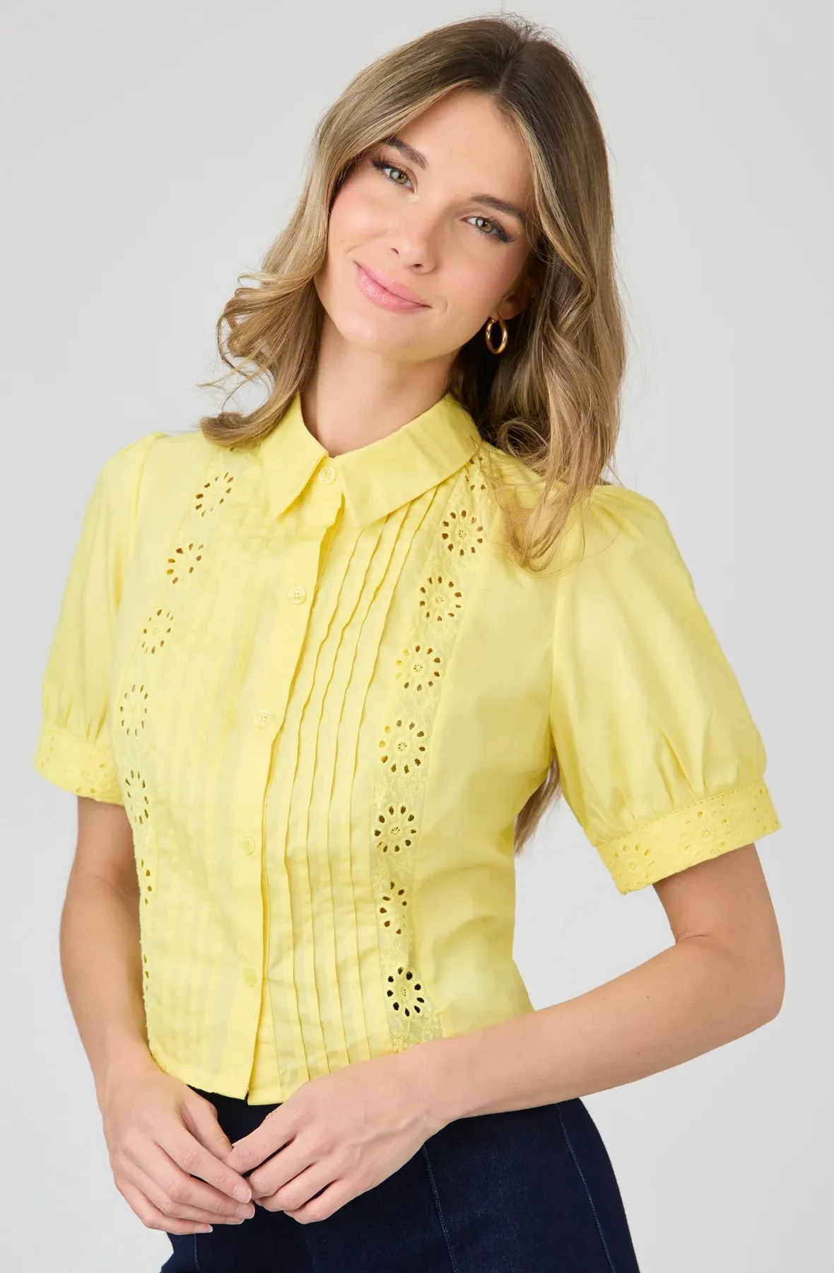 Puff Sleeve Blouse with Eyelet and Pleat Detail