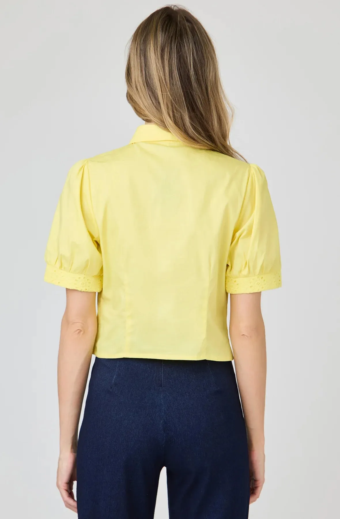 Puff Sleeve Blouse with Eyelet and Pleat Detail