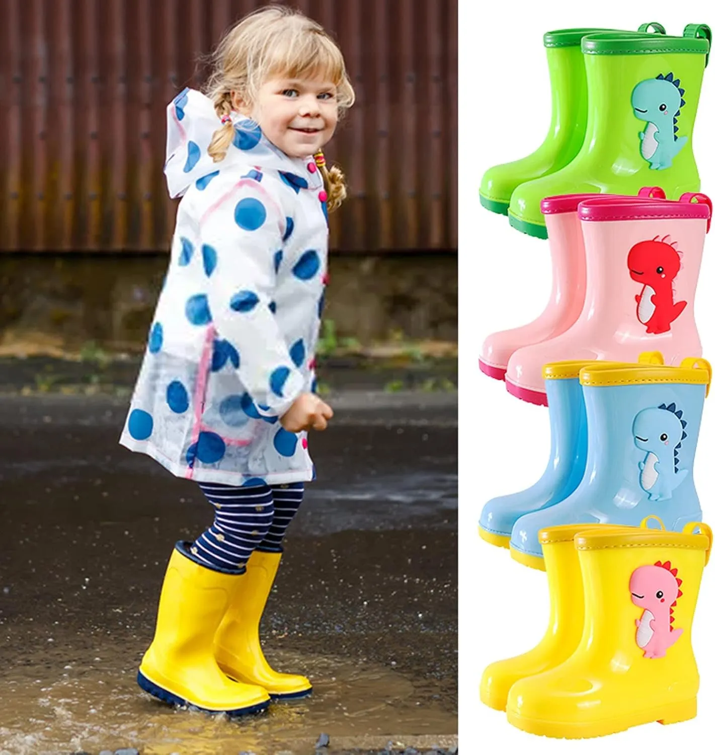 Rain Boots with Easy-On Handles in Fun Patterns for Toddlers and Kids Rain Boots Rubber Shoes (Blue, 4.5-5.5 Years)