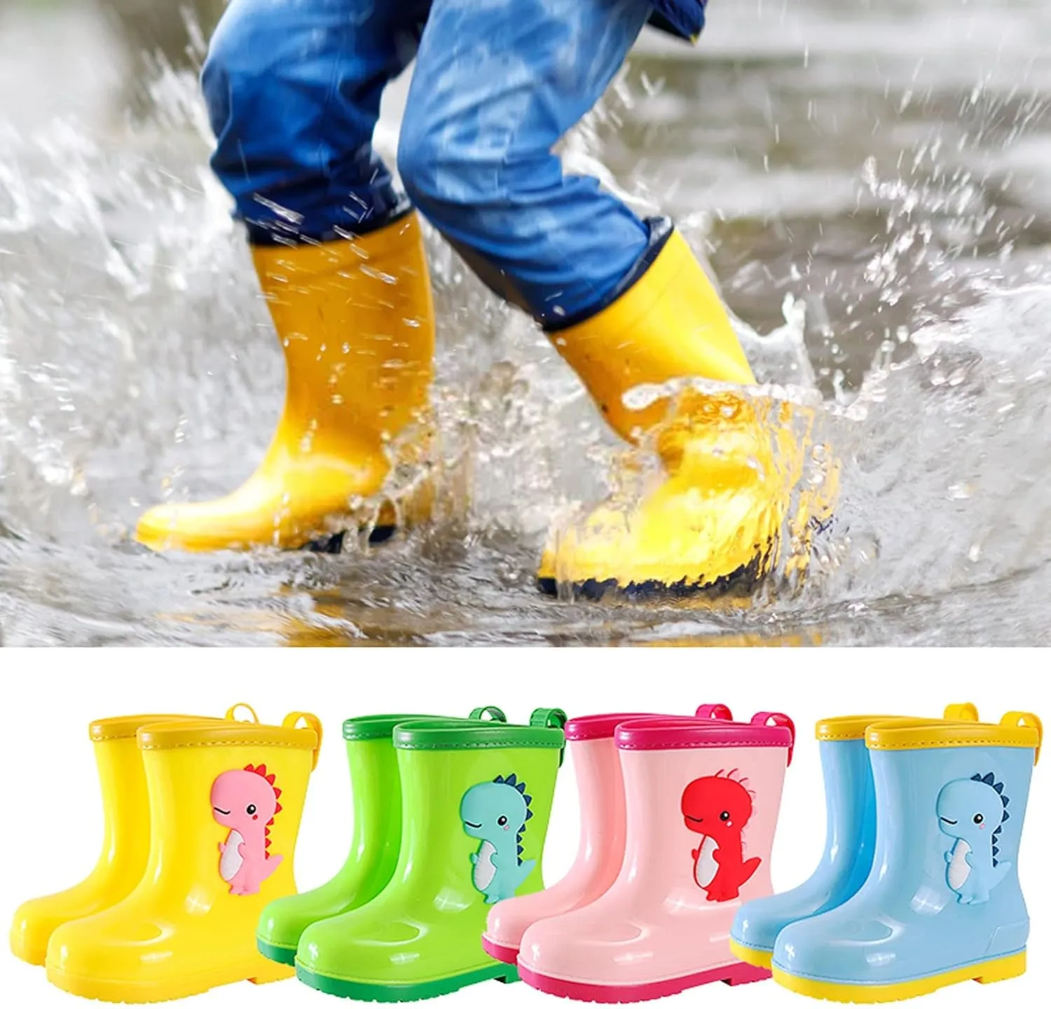 Rain Boots with Easy-On Handles in Fun Patterns for Toddlers and Kids Rain Boots Rubber Shoes (Blue, 4.5-5.5 Years)