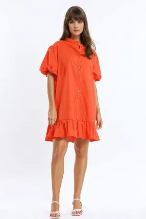 Relaxed Shirt Dress With Balloon Short Sleeves And Ruffle In Orange
