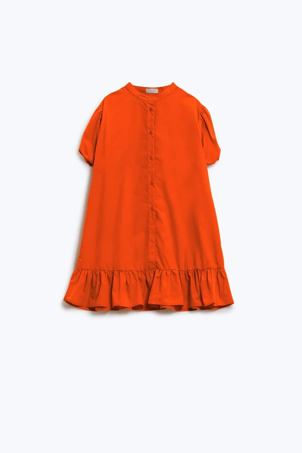 Relaxed Shirt Dress With Balloon Short Sleeves And Ruffle In Orange