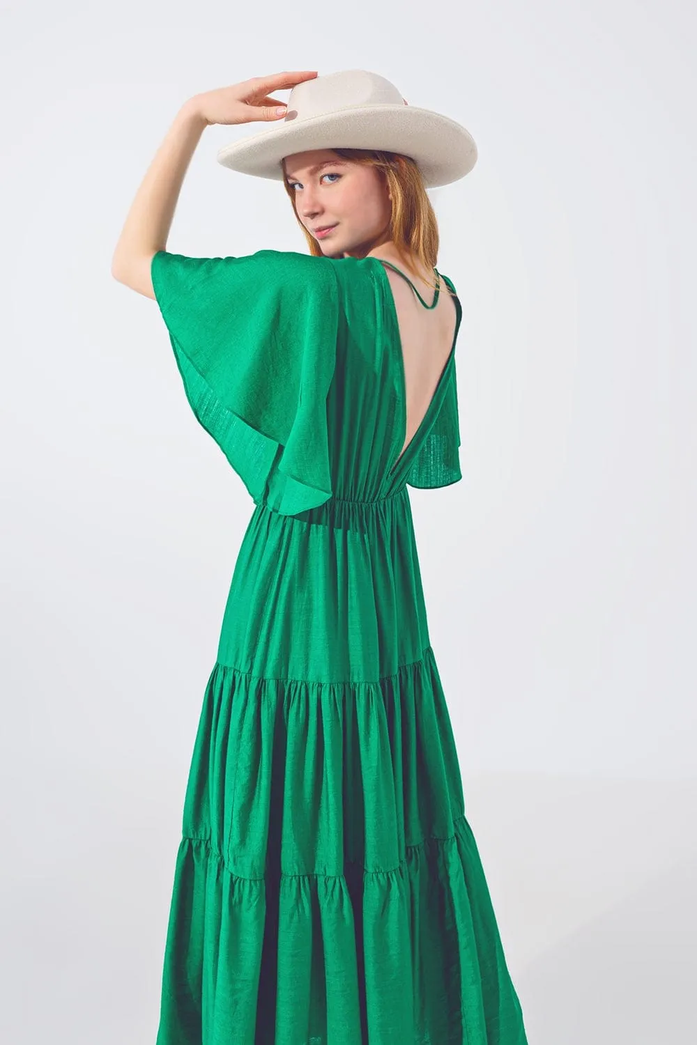 Smock V Neck Maxi Dress In Green