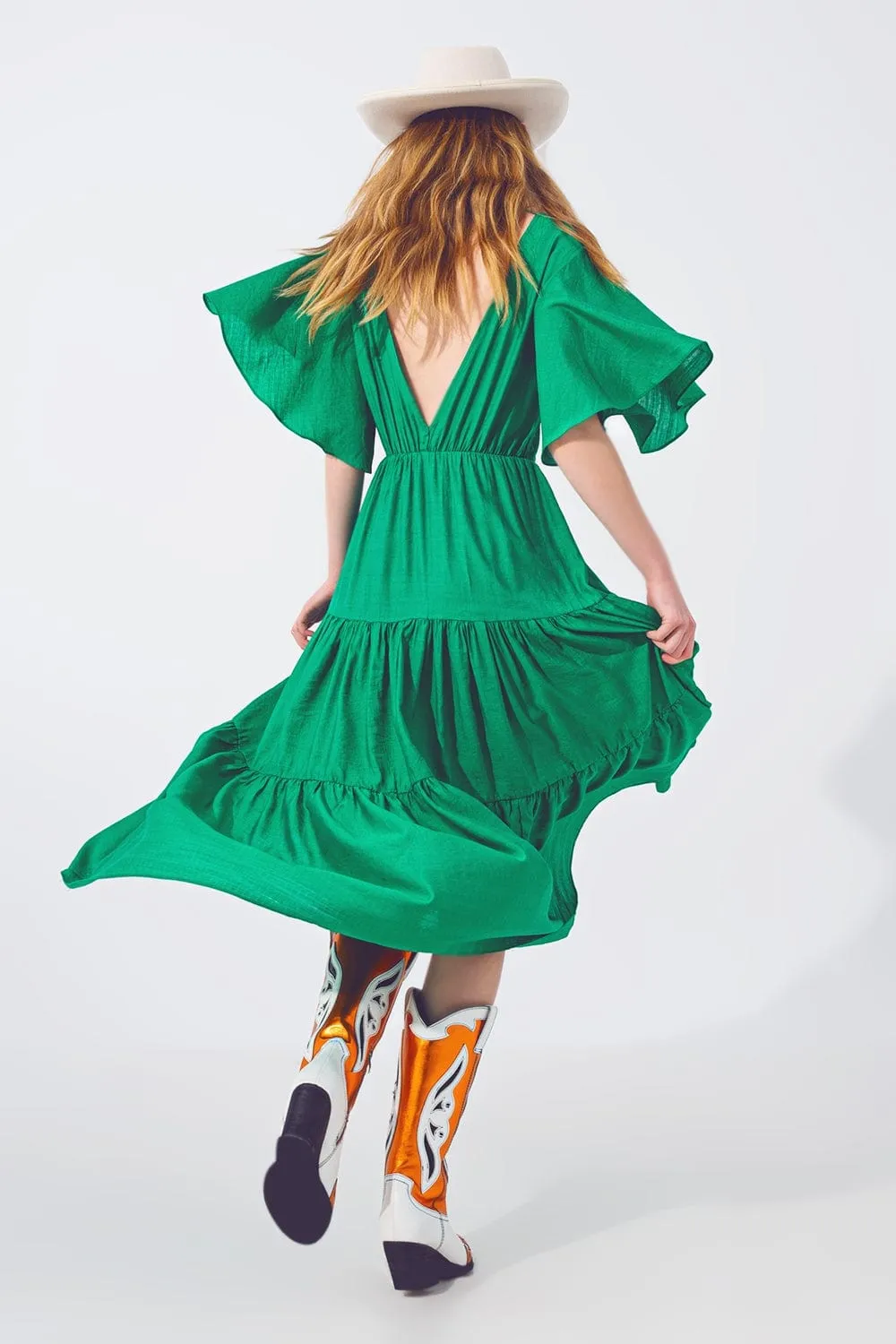 Smock V Neck Maxi Dress In Green