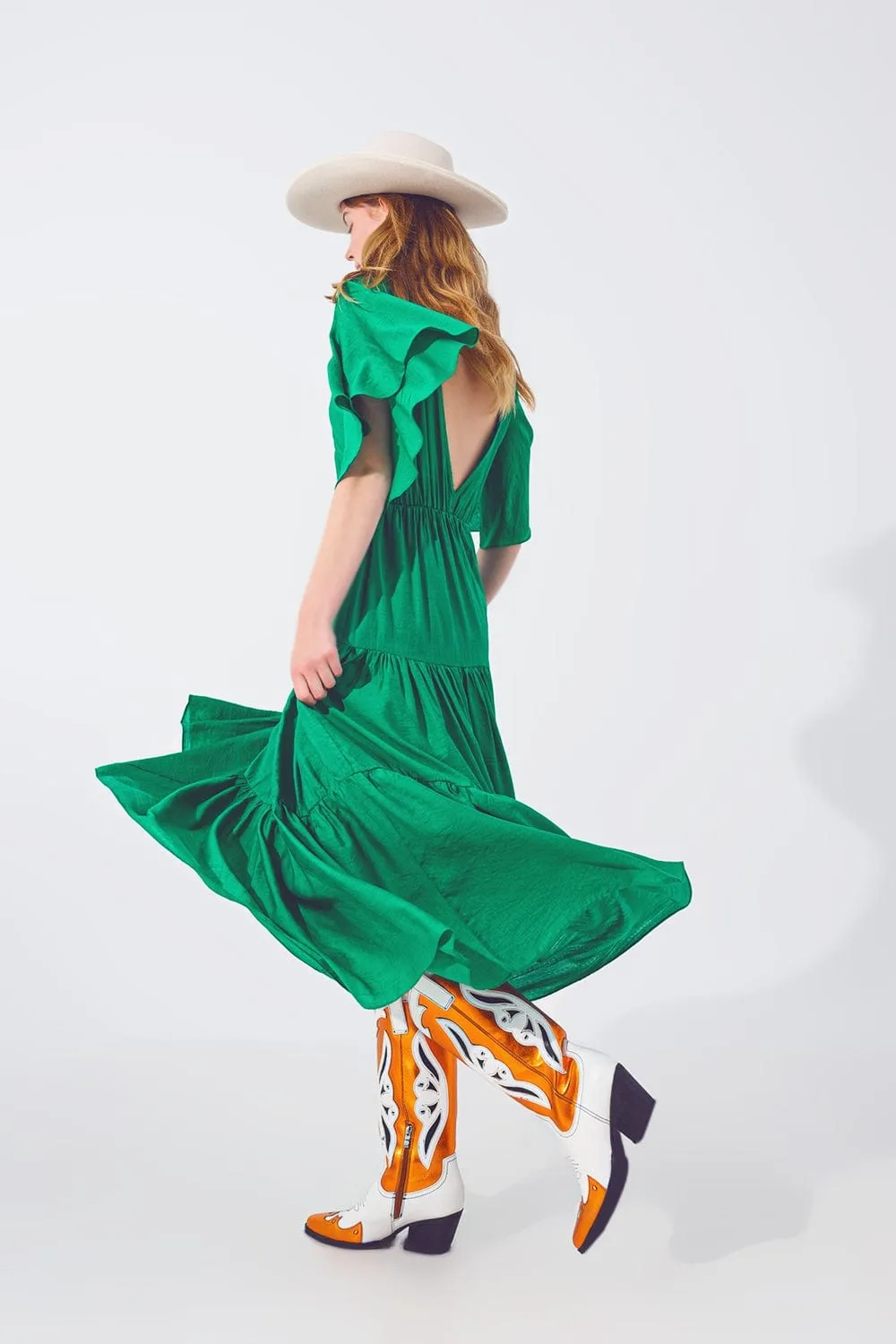 Smock V Neck Maxi Dress In Green