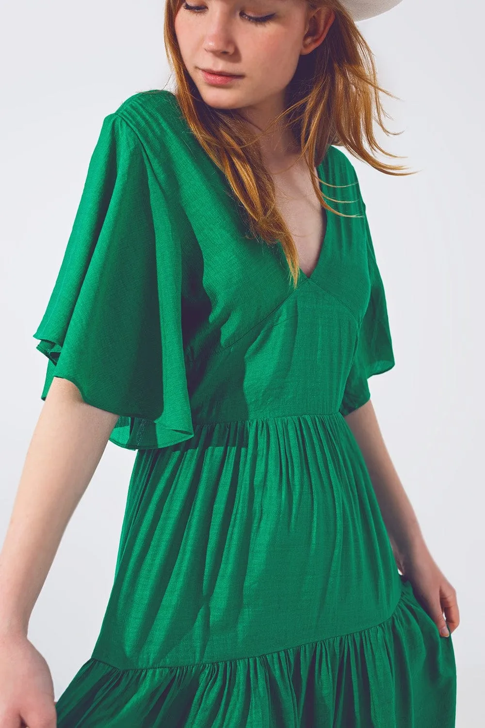 Smock V Neck Maxi Dress In Green