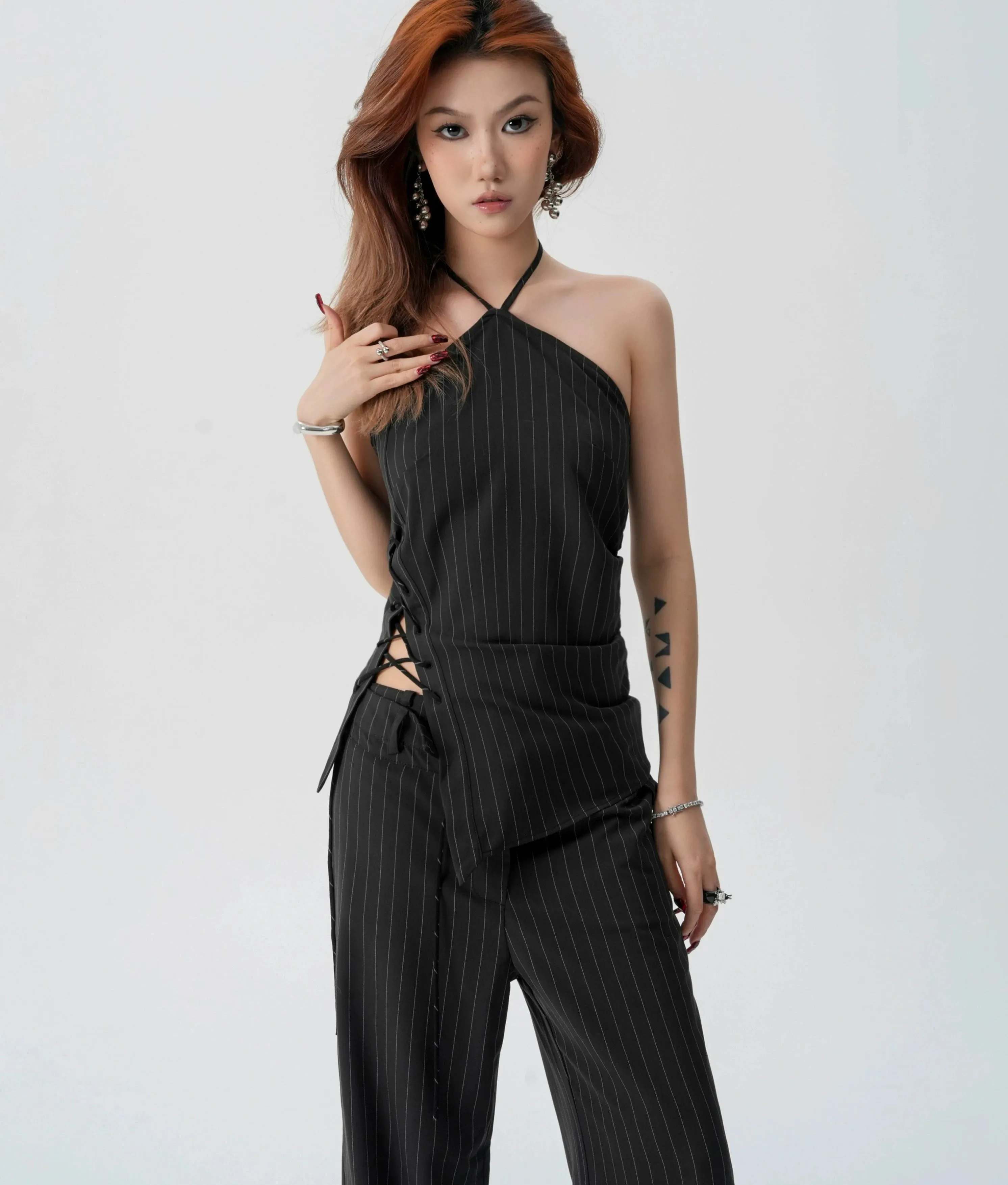 Striped Halter Top and Wide Leg Pants Set
