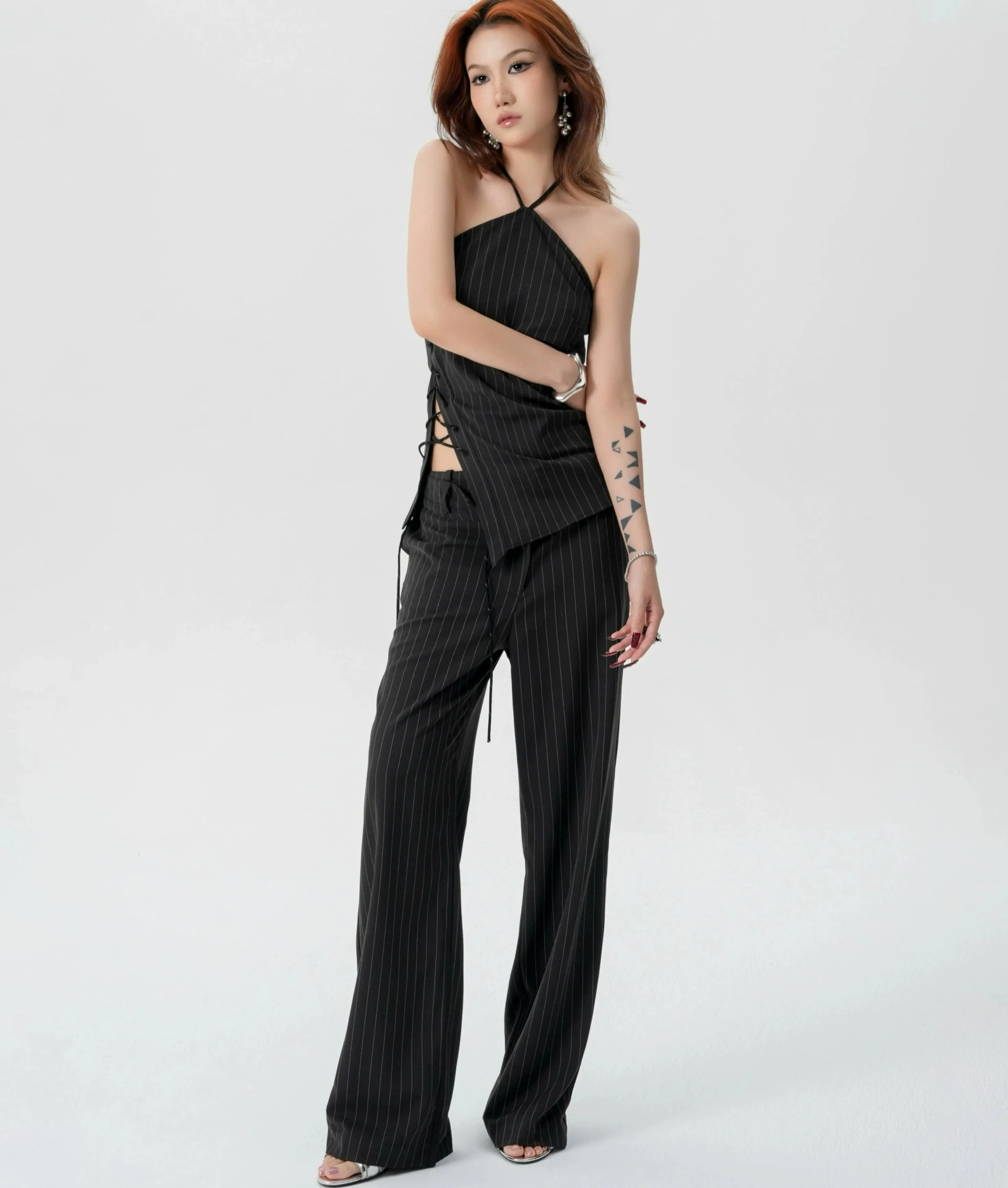 Striped Halter Top and Wide Leg Pants Set
