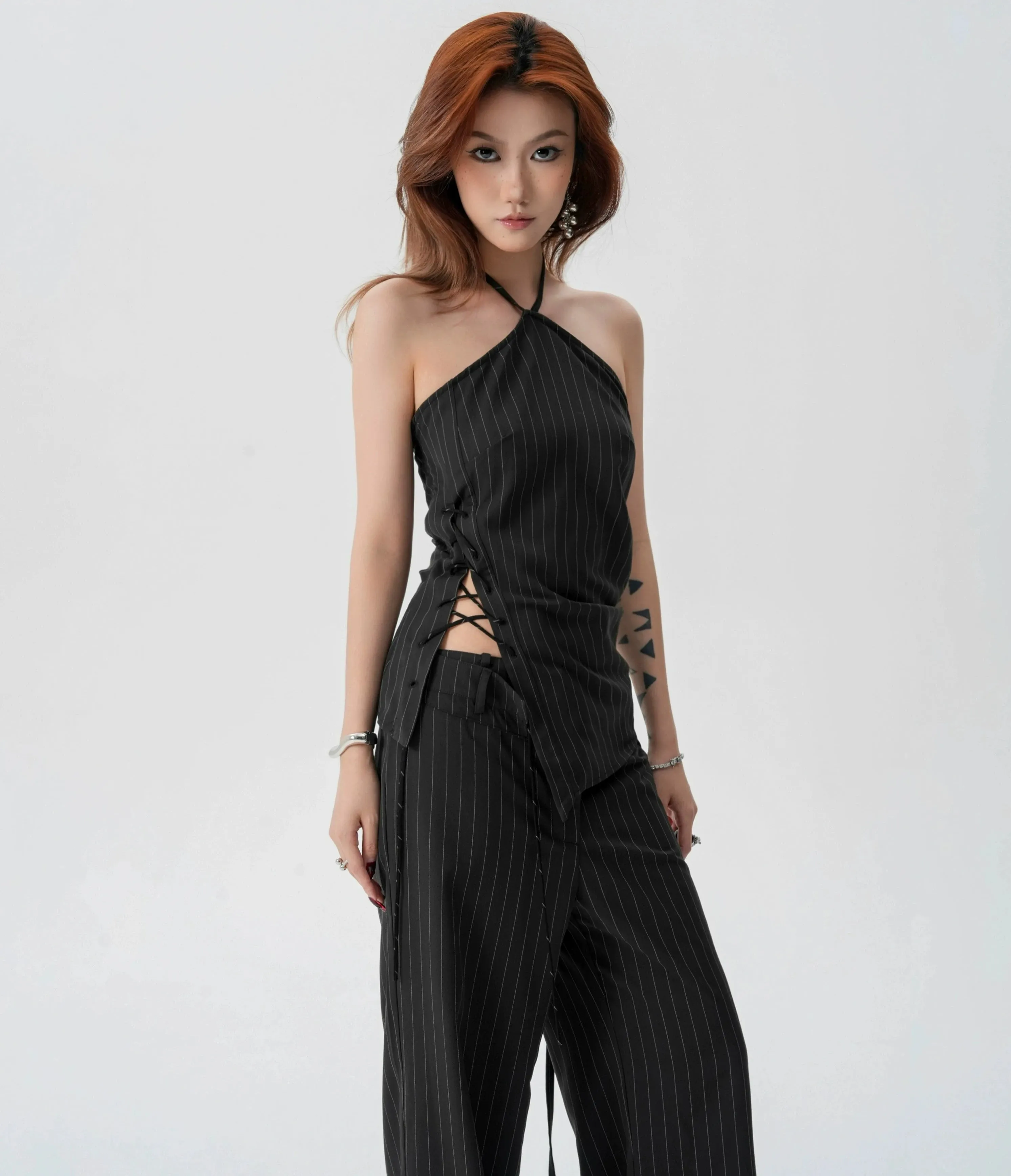Striped Halter Top and Wide Leg Pants Set