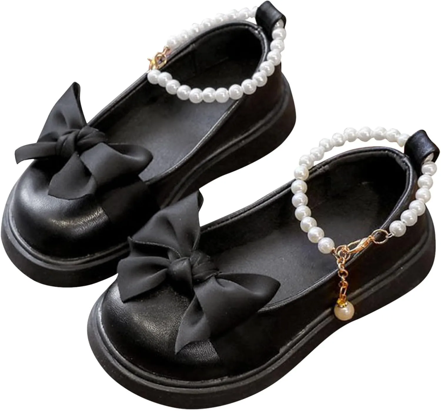 Toddler Girls Mary Jane Shoes with Pearls Bow Toddler Dress Shoes Flower Girl Shoes for School Party Wedding Shoes