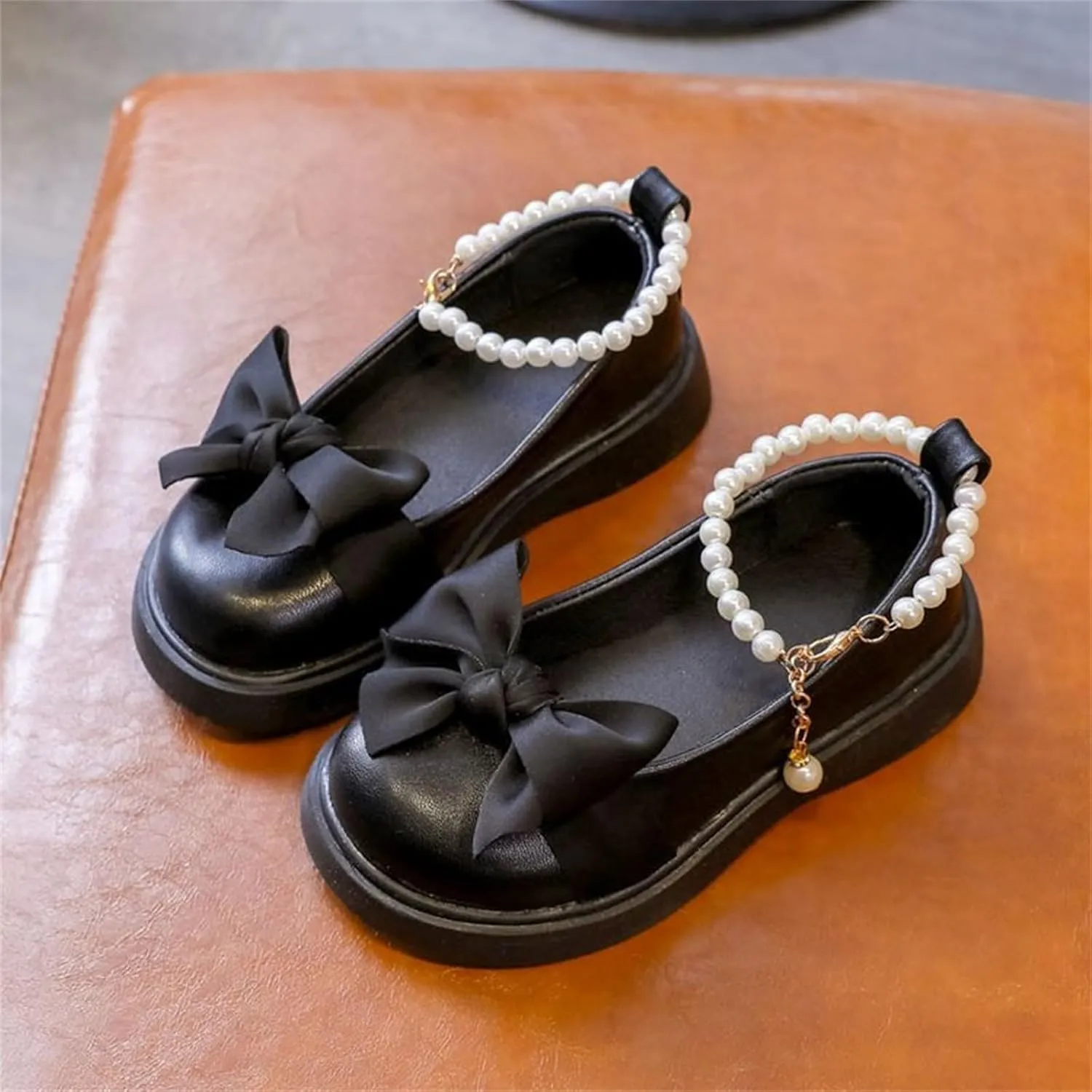 Toddler Girls Mary Jane Shoes with Pearls Bow Toddler Dress Shoes Flower Girl Shoes for School Party Wedding Shoes