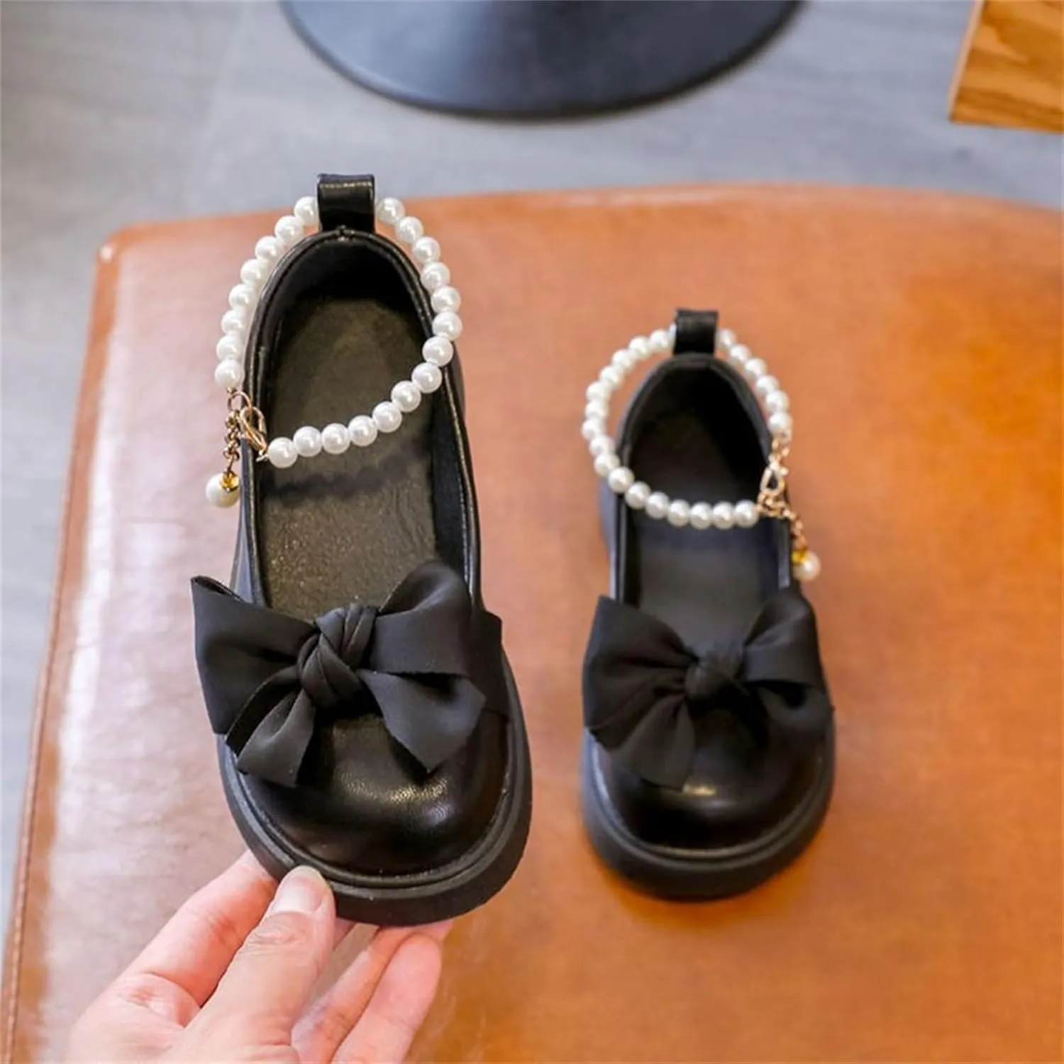 Toddler Girls Mary Jane Shoes with Pearls Bow Toddler Dress Shoes Flower Girl Shoes for School Party Wedding Shoes