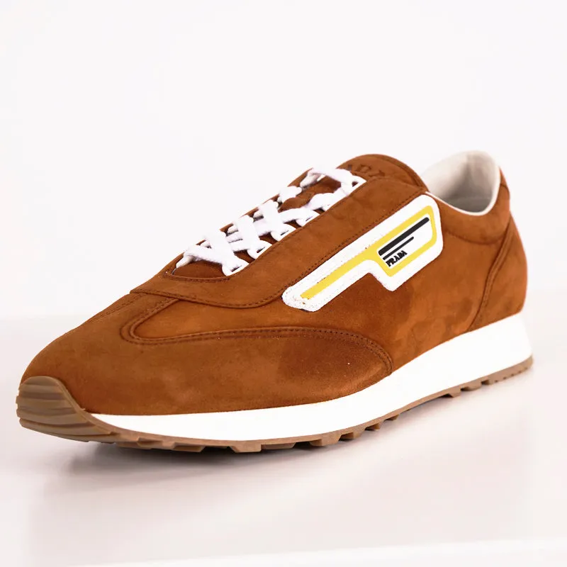 UK 9 US 10 NEW PRADA Brown Suede YELLOW LOGO Milano 70 'Retro' Low Top SNEAKERS