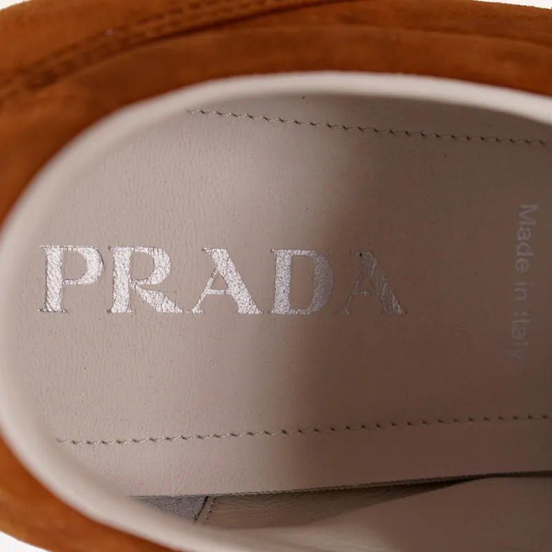 UK 9 US 10 NEW PRADA Brown Suede YELLOW LOGO Milano 70 'Retro' Low Top SNEAKERS