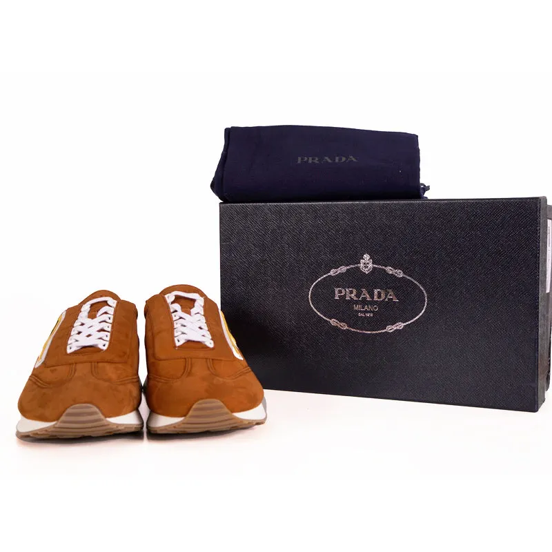 UK 9 US 10 NEW PRADA Brown Suede YELLOW LOGO Milano 70 'Retro' Low Top SNEAKERS