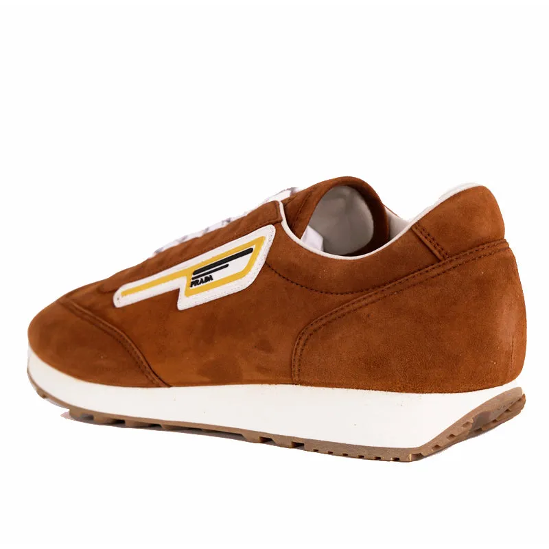 UK 9 US 10 NEW PRADA Brown Suede YELLOW LOGO Milano 70 'Retro' Low Top SNEAKERS