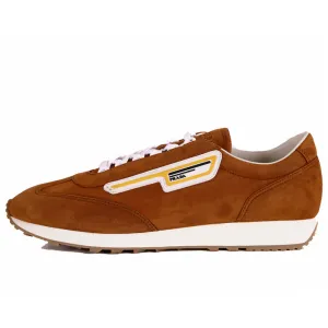 UK 9 US 10 NEW PRADA Brown Suede YELLOW LOGO Milano 70 'Retro' Low Top SNEAKERS
