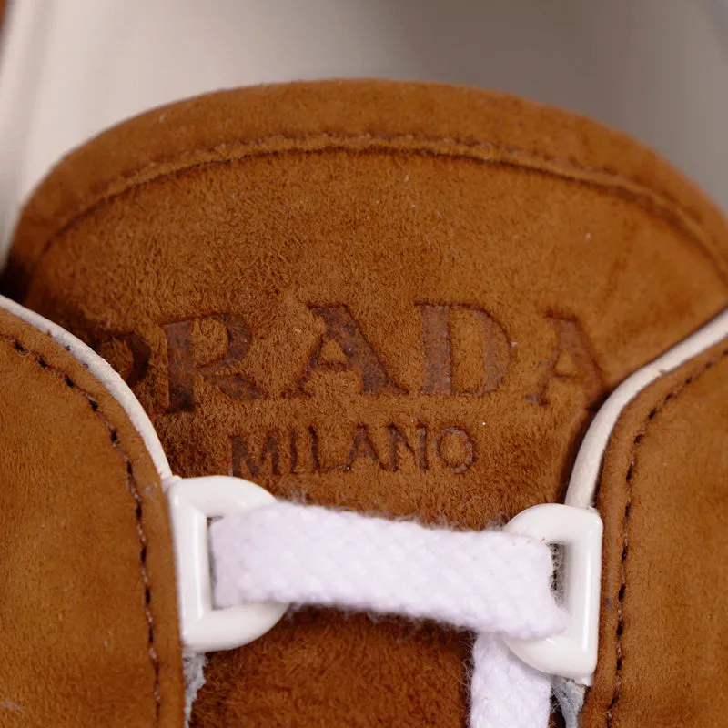 UK 9 US 10 NEW PRADA Brown Suede YELLOW LOGO Milano 70 'Retro' Low Top SNEAKERS