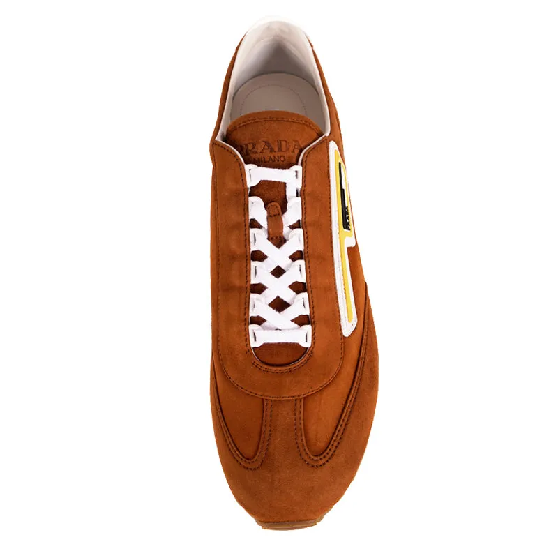 UK 9 US 10 NEW PRADA Brown Suede YELLOW LOGO Milano 70 'Retro' Low Top SNEAKERS