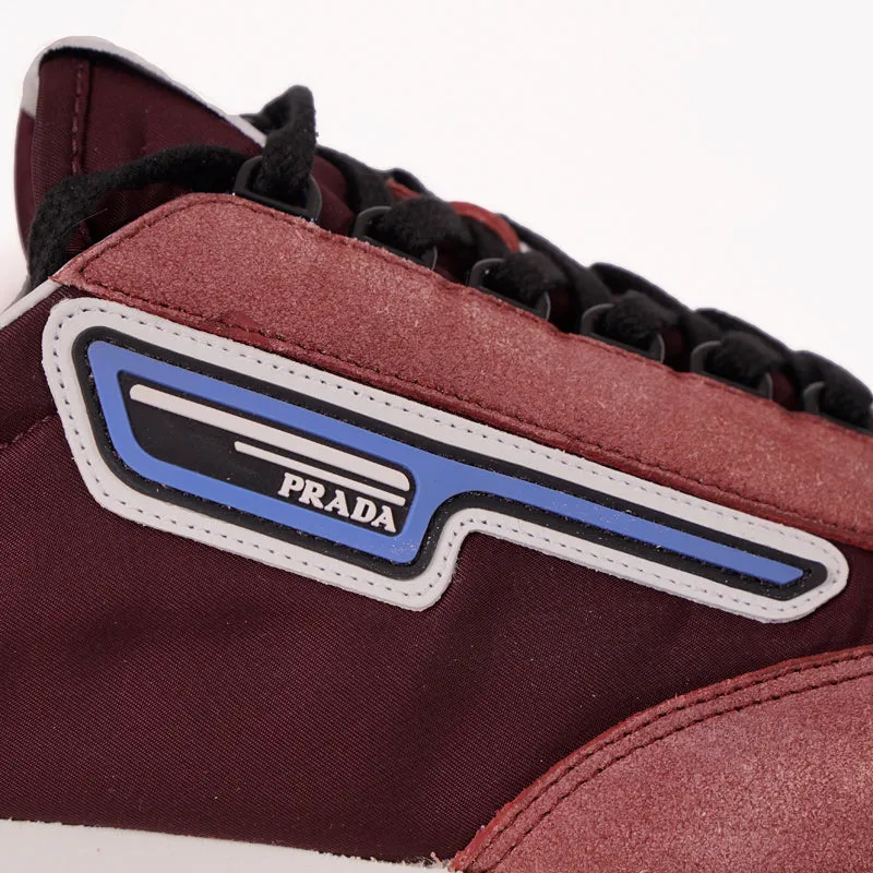 US 9.5 NEW PRADA Dark Red Blue Nylon LOGO Milano 70 Retro Low Top SNEAKERS