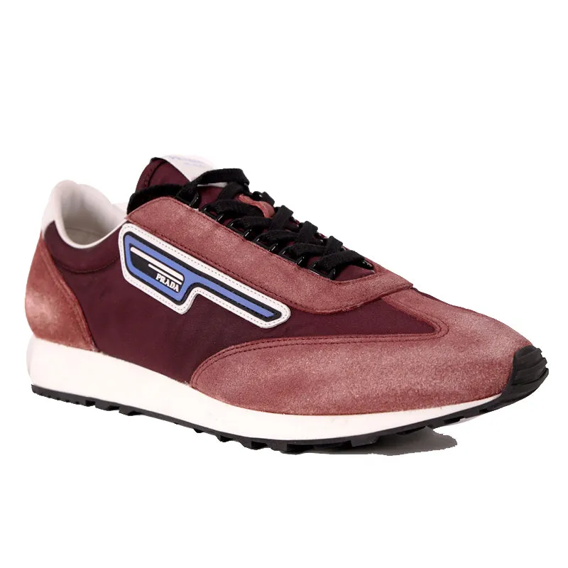 US 9.5 NEW PRADA Dark Red Blue Nylon LOGO Milano 70 Retro Low Top SNEAKERS