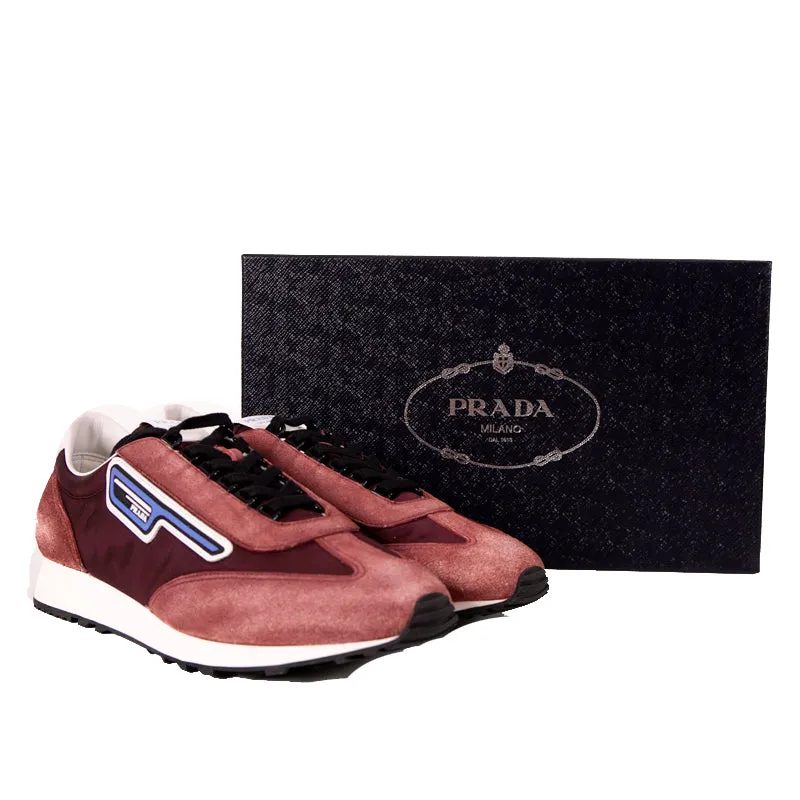 US 9.5 NEW PRADA Dark Red Blue Nylon LOGO Milano 70 Retro Low Top SNEAKERS