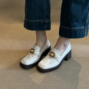 Wenkouban Fall Women's Street Style French Retro High Heel Loafers Women's Simple Thick Heel Metal Buckle Small Single-Layer Shoes Shallow Mouth Single-Layer Shoes