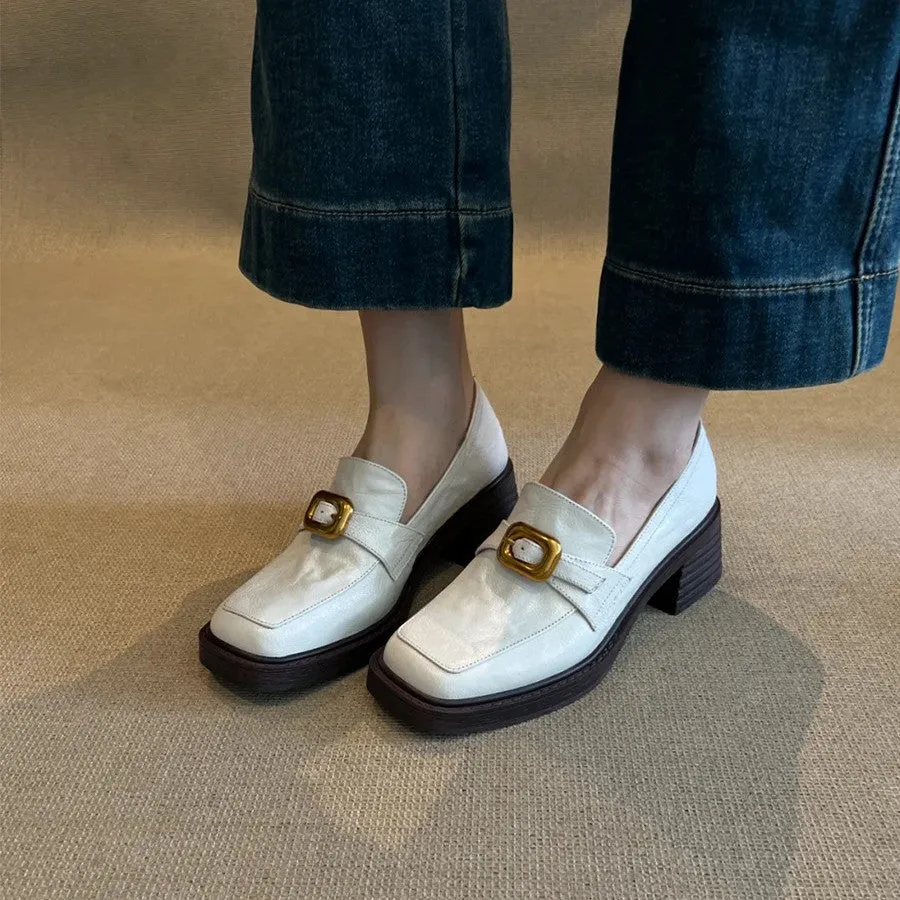 Wenkouban Fall Women's Street Style French Retro High Heel Loafers Women's Simple Thick Heel Metal Buckle Small Single-Layer Shoes Shallow Mouth Single-Layer Shoes