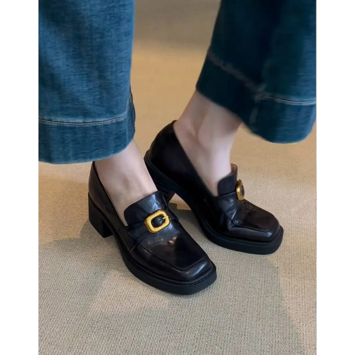 Wenkouban Fall Women's Street Style French Retro High Heel Loafers Women's Simple Thick Heel Metal Buckle Small Single-Layer Shoes Shallow Mouth Single-Layer Shoes