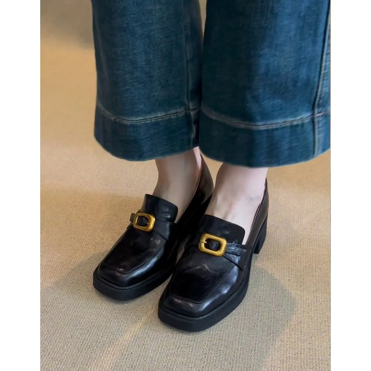 Wenkouban Fall Women's Street Style French Retro High Heel Loafers Women's Simple Thick Heel Metal Buckle Small Single-Layer Shoes Shallow Mouth Single-Layer Shoes