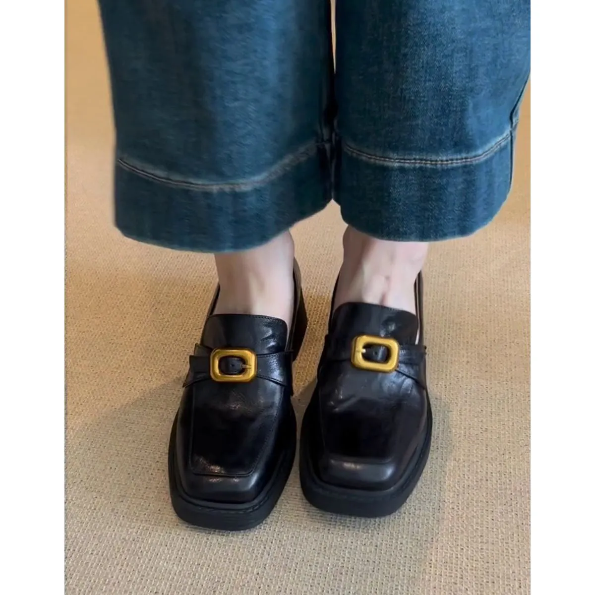 Wenkouban Fall Women's Street Style French Retro High Heel Loafers Women's Simple Thick Heel Metal Buckle Small Single-Layer Shoes Shallow Mouth Single-Layer Shoes