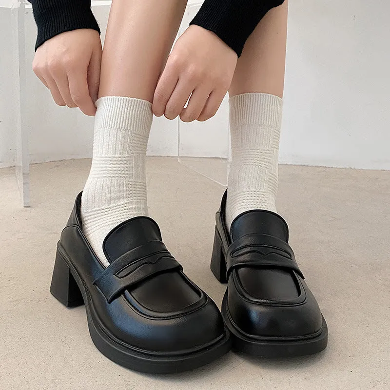 Wenkouban shoes Women's Thick High Heel Retro British Style Leather Shoes 2024 Spring round Toe Black Platform Loafers
