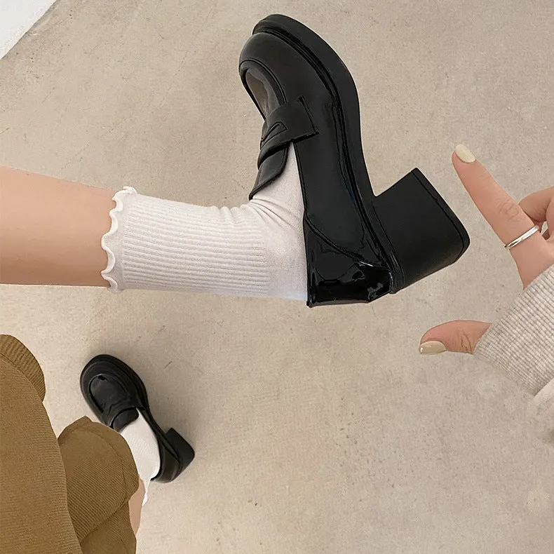 Wenkouban shoes Women's Thick High Heel Retro British Style Leather Shoes 2024 Spring round Toe Black Platform Loafers