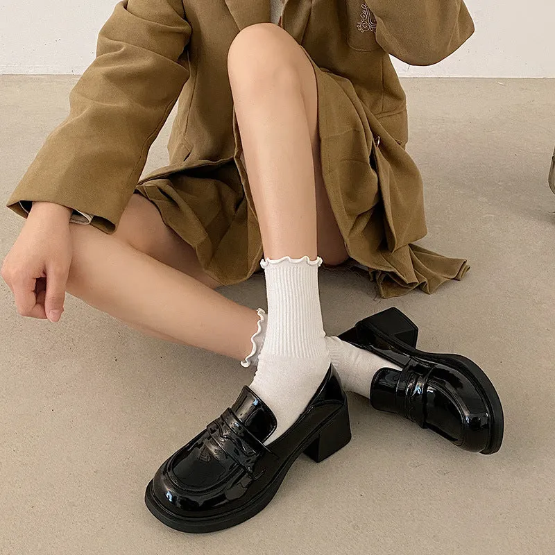 Wenkouban shoes Women's Thick High Heel Retro British Style Leather Shoes 2024 Spring round Toe Black Platform Loafers