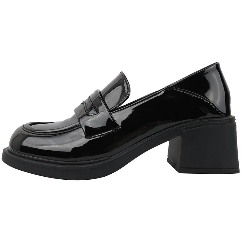 Wenkouban shoes Women's Thick High Heel Retro British Style Leather Shoes 2024 Spring round Toe Black Platform Loafers