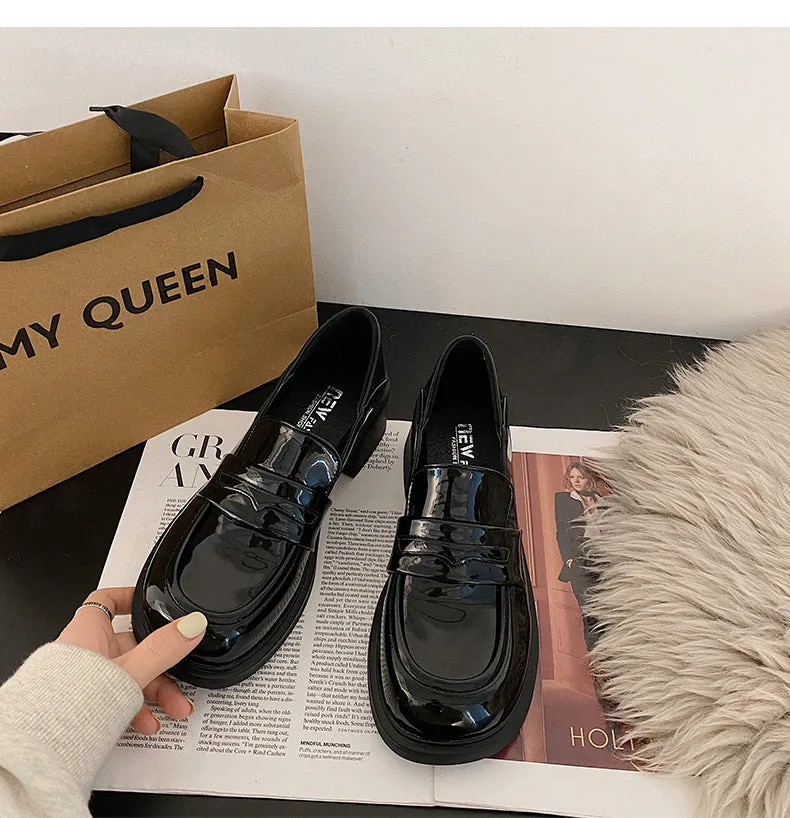 Wenkouban shoes Women's Thick High Heel Retro British Style Leather Shoes 2024 Spring round Toe Black Platform Loafers