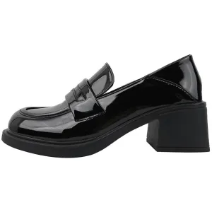 Wenkouban shoes Women's Thick High Heel Retro British Style Leather Shoes 2024 Spring round Toe Black Platform Loafers