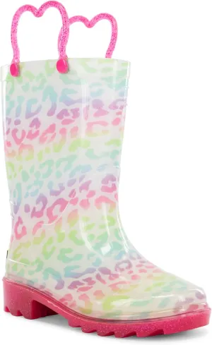 Western Chief Kids Waterproof Light Up Rain Boots With Handles for Easy On and Off for Boys and Girls, Leopard, 11
