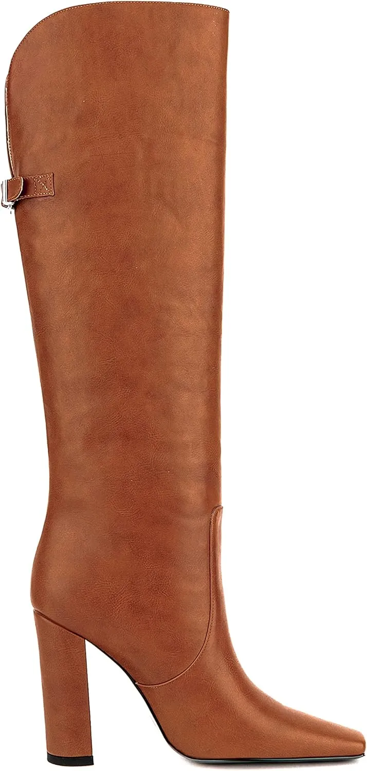 Women Formal Square Toe Knee High Block Heel Boots Vintage Vegan Leather Buckle Boot