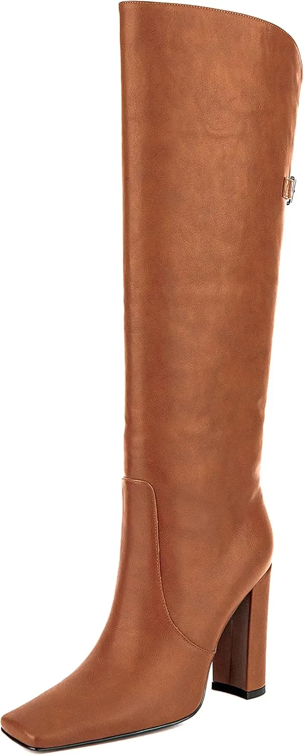 Women Formal Square Toe Knee High Block Heel Boots Vintage Vegan Leather Buckle Boot