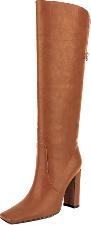 Women Formal Square Toe Knee High Block Heel Boots Vintage Vegan Leather Buckle Boot