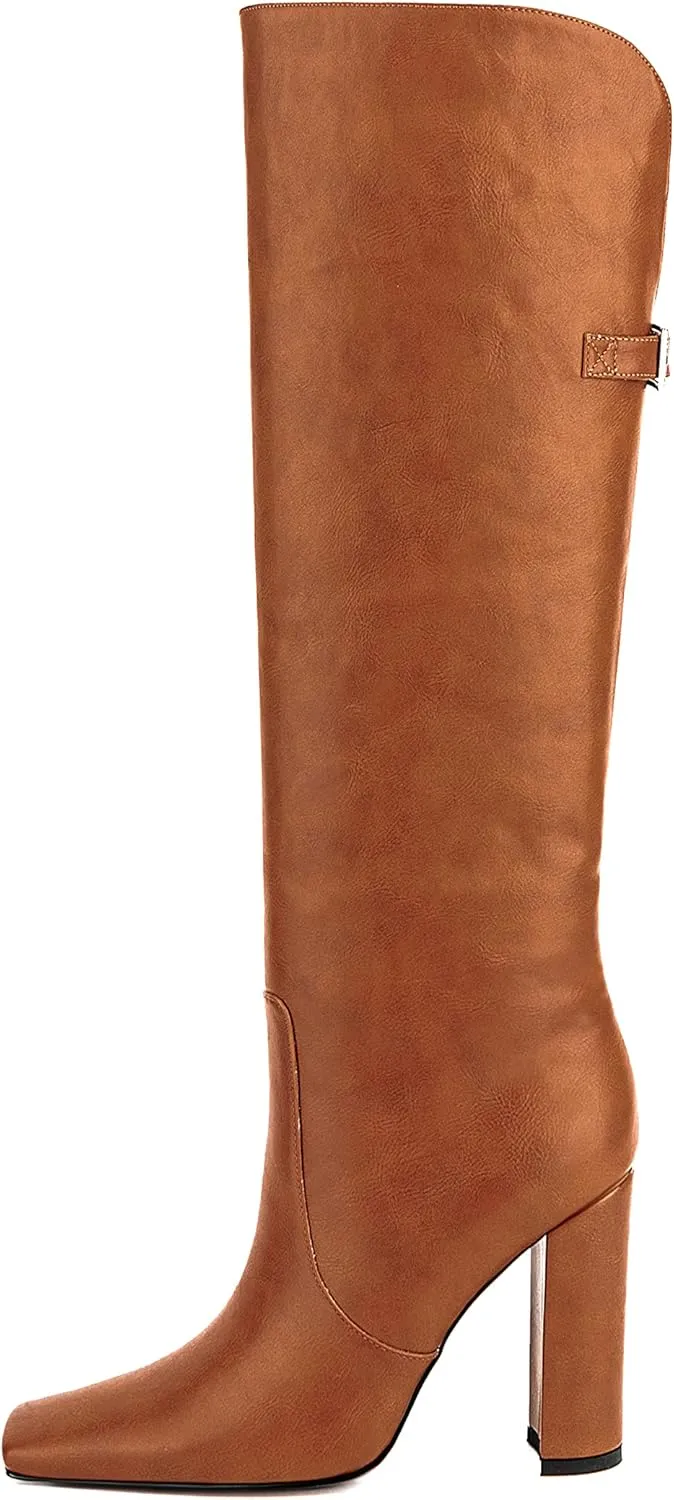 Women Formal Square Toe Knee High Block Heel Boots Vintage Vegan Leather Buckle Boot