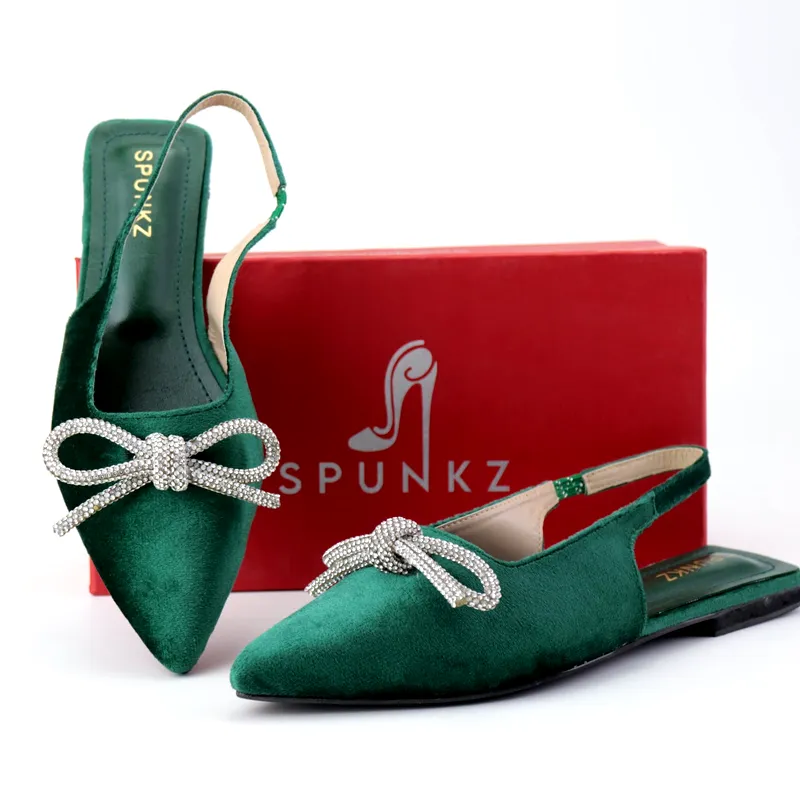 Women Velvet Rhinestone Bow Flat Slingback Mules